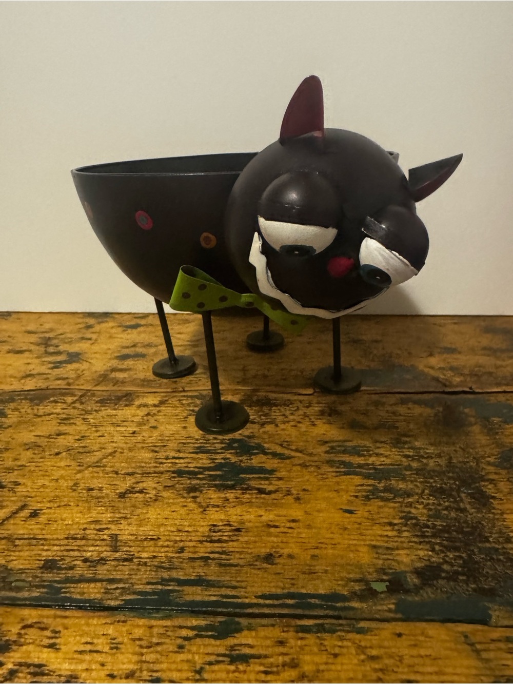Whimsical Black Metal Cat Planter with Green Bow